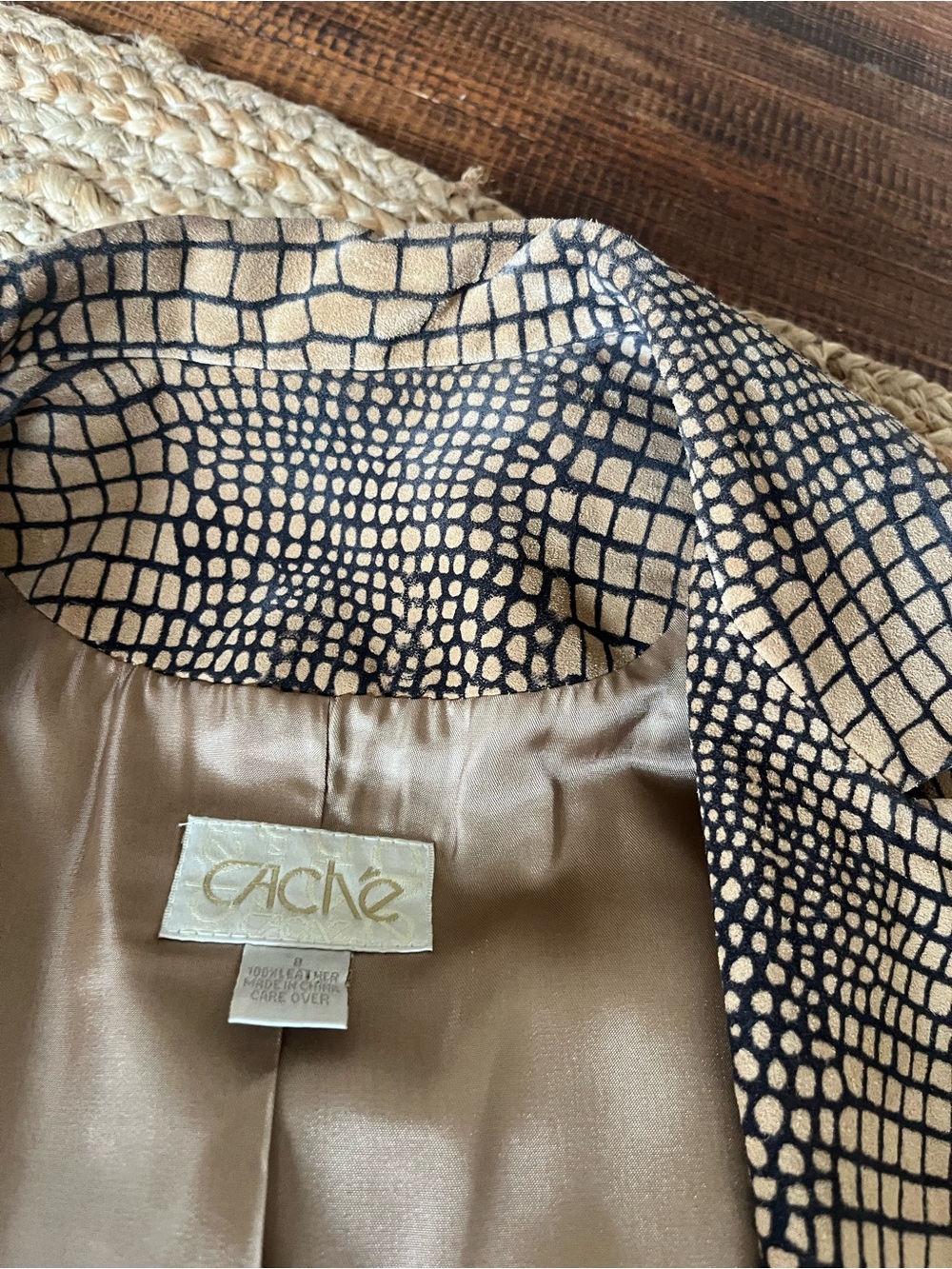 Cache Beige and Black Suede Patterned Lined Jacket
